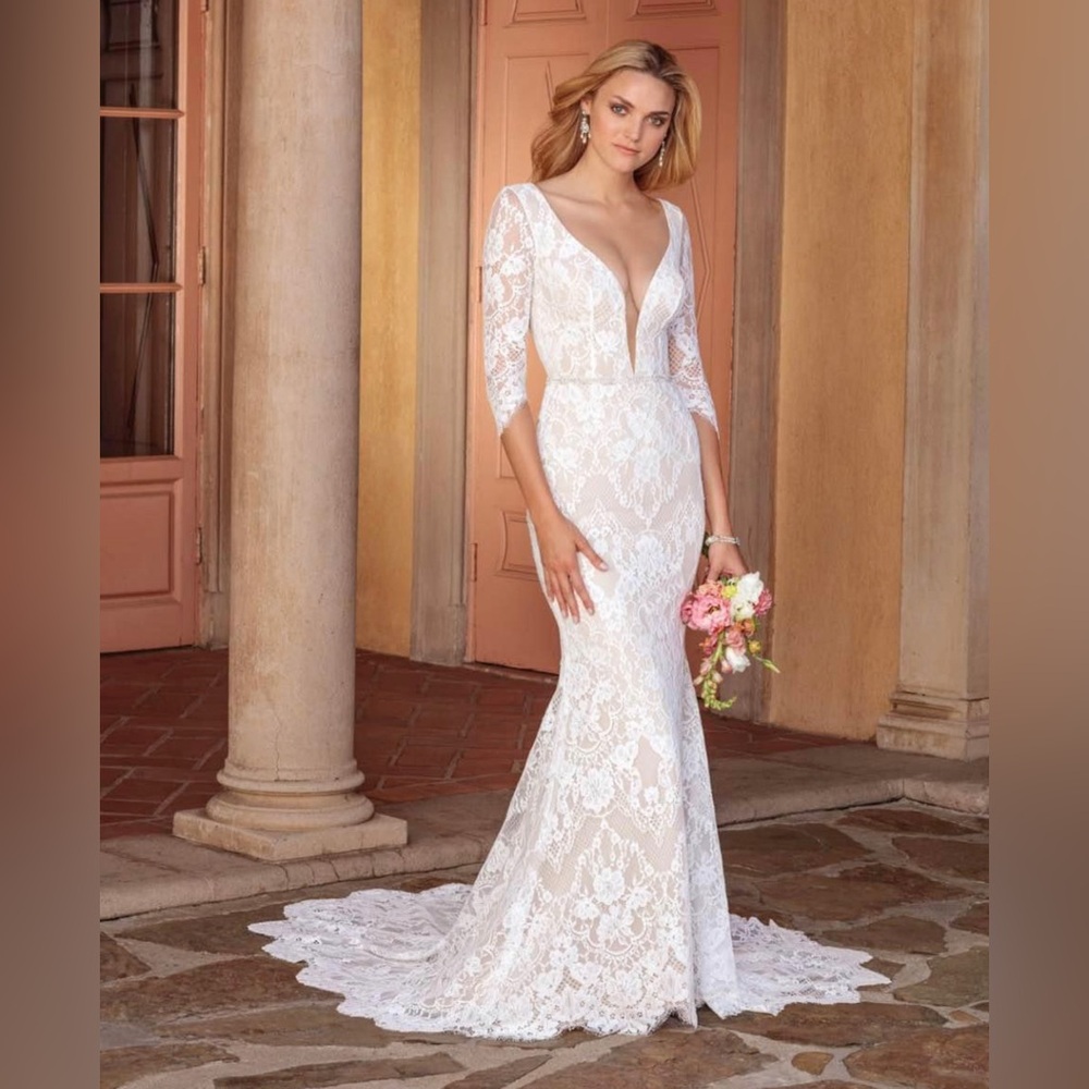 White Plunge Neck Flutter Sleeve Bridal Gown